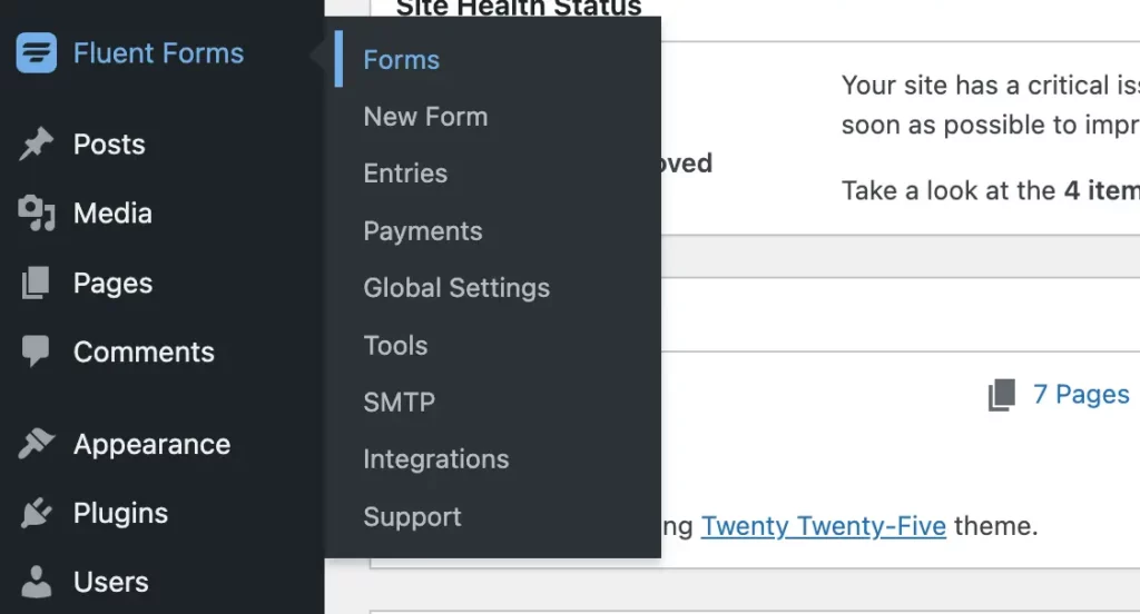 Navigating to all forms list of Fluent Forms